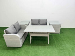 Fimous 4 Seater Outdoor Love Sofa Set Rattan Garden Furniture Set Rectangular Dining Table 2 Side Tables Light Grey - thumbnail 2