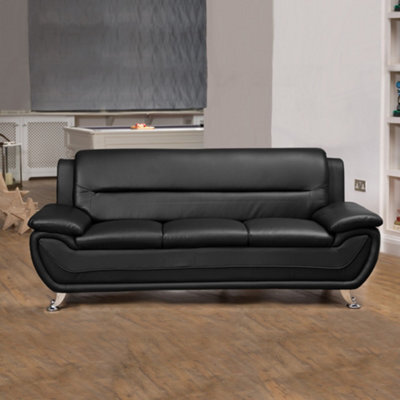 Dexter 200Cm Wide Contemporary Black Bonded Leather 3 Seat Sofa With Chrome Legs