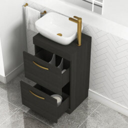 Royal Bathrooms 500mm Floor Standing Vanity Unit 2 Drawer Hale Black & Countertop Basin - Elva With Brushed Brass Handle - thumbnail 3