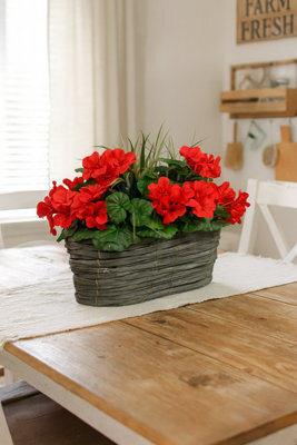 GreenBrokers Artificial Red Geranium Flowers & Lemon Grass In Rounded 40Cm Rectangle Grey Wash Willow Basket - Faux Silk - image 1