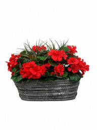 GreenBrokers Artificial Red Geranium Flowers & Lemon Grass In Rounded 40Cm Rectangle Grey Wash Willow Basket - Faux Silk - thumbnail 3