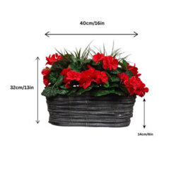 GreenBrokers Artificial Red Geranium Flowers & Lemon Grass In Rounded 40Cm Rectangle Grey Wash Willow Basket - Faux Silk - thumbnail 2