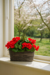 GreenBrokers Artificial Red Geranium Flowers & Lemon Grass In Rounded 40Cm Rectangle Grey Wash Willow Basket - Faux Silk - thumbnail 4
