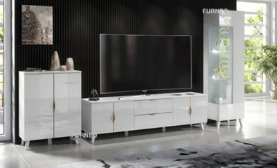 Furneo High Gloss & Matt White Living Room Set Tv Stand Display Cabinet Sideboard Azzurro 10/12/14 White Led Lights - image 1