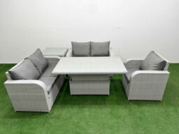 Fimous High Back Poly Rattan Garden Furniture Set Reclining Chair Loveseat Sofa Indoor Outdoor Set Side Table Light Grey - thumbnail 1