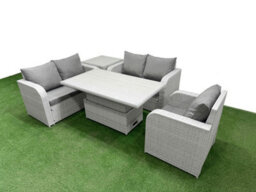 Fimous High Back Poly Rattan Garden Furniture Set Reclining Chair Loveseat Sofa Indoor Outdoor Set Side Table Light Grey - thumbnail 2