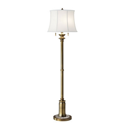Elegant 2 Bulb Twin Floor Lamp With White Linen Shade And Bali Brass Finish