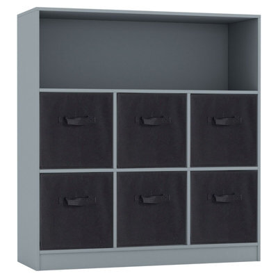 Urbn-Living Urbnliving Height 94Cm Wooden Wide Grey 7 Cube Bookcase With Black 6 Drawers Baskets Storage Unit Shelves - image 1
