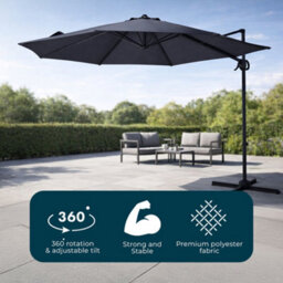 Jack Stonehouse Jsh 3M Roma Garden Parasol Dark Grey Outdoor 180G Polyester Patio Decking Terrace Umbrella Shade With Hand Crank - thumbnail 2