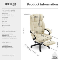 Tectake Office Chair Gillian With Folding Footrest, 360 Swivel, Padding And Velour Cover - Beige - thumbnail 6