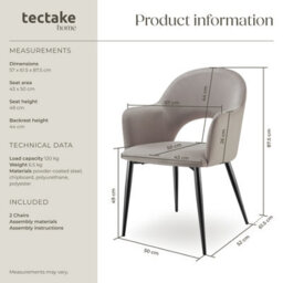 Tectake Set Of 2 Dining Chair Sasha- Padded Armchair In Velvet Look, Continuous Backrest  - Taupe - thumbnail 6