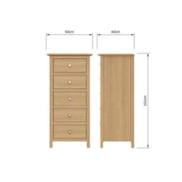 Fwstyle Taberno Oak 5 Drawer Chest Of Drawers Ready Assembled (H) 102 (W) 50 (D) 40Cm - thumbnail 5