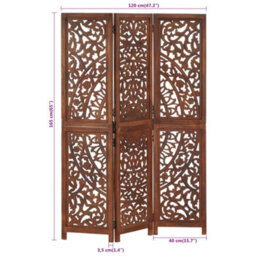 Vidaxl Hand Carved 3-Panel Room Divider Brown 120X165 Cm Solid Mango Wood Room Dividers - thumbnail 7