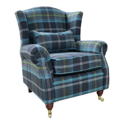 Wing Chair Original Fireside High Back Armchair P And S Balmoral Azure Blue Check Real Fabric - image 1