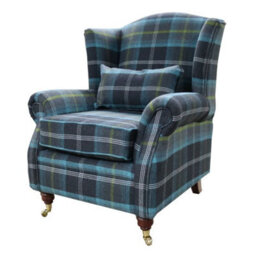 Wing Chair Original Fireside High Back Armchair P And S Balmoral Azure Blue Check Real Fabric - thumbnail 2