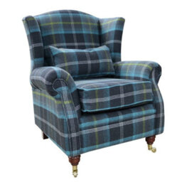 Wing Chair Original Fireside High Back Armchair P And S Balmoral Azure Blue Check Real Fabric
