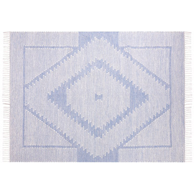 Wyld And Coco Zenhome Rug - Handwoven Cotton-Wool, Off-White And Blue Geometric, 160 X 230 Cm, Fringed Tassels - image 1