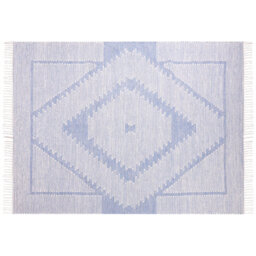 Wyld And Coco Zenhome Rug - Handwoven Cotton-Wool, Off-White And Blue Geometric, 160 X 230 Cm, Fringed Tassels - thumbnail 1
