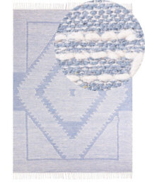 Wyld And Coco Zenhome Rug - Handwoven Cotton-Wool, Off-White And Blue Geometric, 160 X 230 Cm, Fringed Tassels - thumbnail 3
