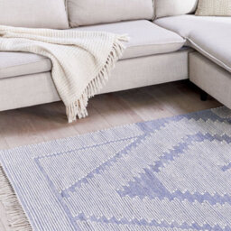 Wyld And Coco Zenhome Rug - Handwoven Cotton-Wool, Off-White And Blue Geometric, 160 X 230 Cm, Fringed Tassels - thumbnail 2