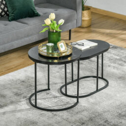 Wyld Haus Coyo Two-Piece Black And White Marble-Effect Nest Of Tables, Round And Oval, Matt Finish