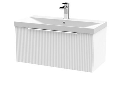 Hudson Reed Fluted Wall Hung 1-Drawer Vanity And Thin-Edge Basin, Contemporary Sink Vanity Unit, Satin White, 800mm - image 1