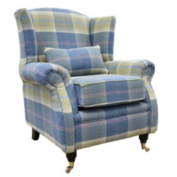 Wing Chair Original Fireside High Back Armchair P And S Balmoral Chambray Check Real Fabric - thumbnail 1