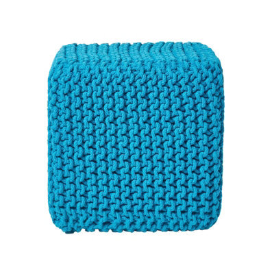 Homescapes Teal Blue Cube Cotton Knitted Pouffe Footstool - image 1