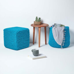 Homescapes Teal Blue Cube Cotton Knitted Pouffe Footstool - thumbnail 6