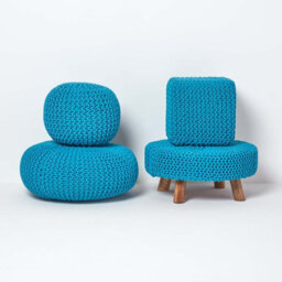 Homescapes Teal Blue Cube Cotton Knitted Pouffe Footstool - thumbnail 5