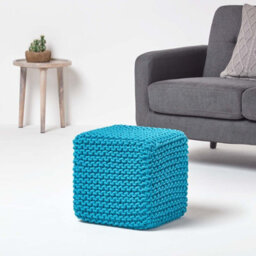 Homescapes Teal Blue Cube Cotton Knitted Pouffe Footstool - thumbnail 2