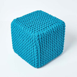 Homescapes Teal Blue Cube Cotton Knitted Pouffe Footstool - thumbnail 3