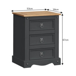 Mercers Furniture Corona Charcoal Large 3 Drawer Bedside Cabinet Solid Wood Pine Wooden Dark Grey - thumbnail 2