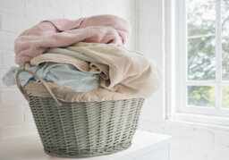 Grey Painted Wicker Laundry Hamper With Faux Leather Handles - thumbnail 2