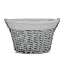 Grey Painted Wicker Laundry Hamper With Faux Leather Handles