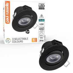 Paul Russells Led Downlight Black Tilt Recessed Ceiling Spotlight  4.8W 440 Lumens, Ip44, Colour Changeable Cct3 - thumbnail 1
