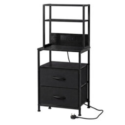 Bedside Table With Charging Station,led Light 2 Drawers Storage Black - thumbnail 1
