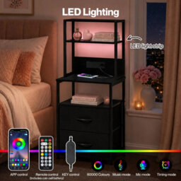 Bedside Table With Charging Station,led Light 2 Drawers Storage Black - thumbnail 4