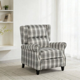 Living And Home Elegant Beige And Grey Plaid Wingback Recliner Armchair With Footrest, 87.5Cm W X 86Cm D X 105.5Cm H