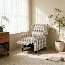 Living And Home Elegant Beige And Grey Plaid Wingback Recliner Armchair With Footrest, 87.5Cm W X 86Cm D X 105.5Cm H - thumbnail 2