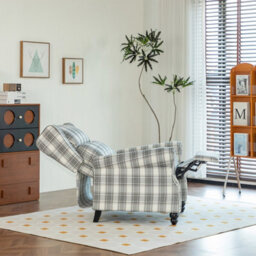 Living And Home Elegant Beige And Grey Plaid Wingback Recliner Armchair With Footrest, 87.5Cm W X 86Cm D X 105.5Cm H - thumbnail 3