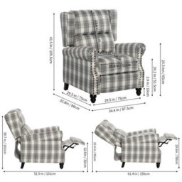 Living And Home Elegant Beige And Grey Plaid Wingback Recliner Armchair With Footrest, 87.5Cm W X 86Cm D X 105.5Cm H - thumbnail 6
