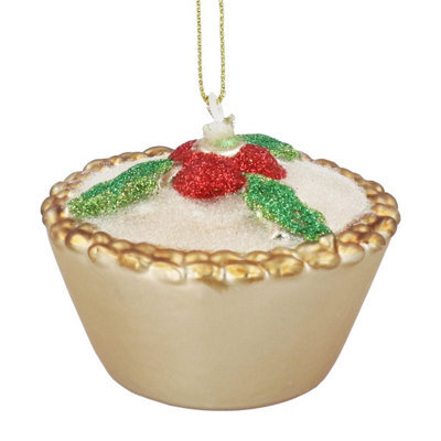 Gisela Graham Christmas Glitter Mince Pie Hanging Tree Decoration, 7 X 6 Cm, Beige With Gold Hanger
