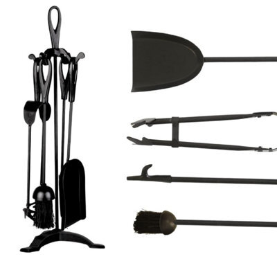 5Pc Cast Iron Fireplace Companion Set - Wrought Iron Firepit Tools - Poker, Tongs, Shovel, Brush & Stand (Black) - image 1