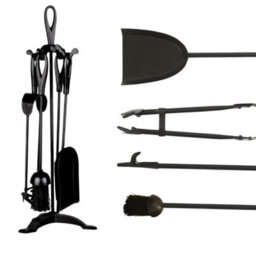 5Pc Cast Iron Fireplace Companion Set - Wrought Iron Firepit Tools - Poker, Tongs, Shovel, Brush & Stand (Black) - thumbnail 1