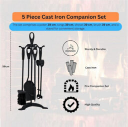 5Pc Cast Iron Fireplace Companion Set - Wrought Iron Firepit Tools - Poker, Tongs, Shovel, Brush & Stand (Black) - thumbnail 2