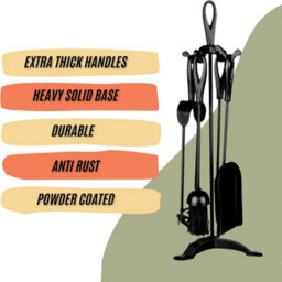 5Pc Cast Iron Fireplace Companion Set - Wrought Iron Firepit Tools - Poker, Tongs, Shovel, Brush & Stand (Black) - thumbnail 3