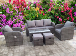 UK Leisure World Recliner Recline Coffee Table Stools Rattan Wicker Conservatory Outdoor Garden Furniture Set Corner Sofa Grey - thumbnail 1