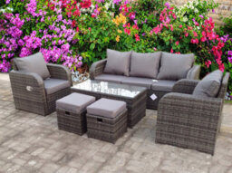 UK Leisure World Recliner Recline Coffee Table Stools Rattan Wicker Conservatory Outdoor Garden Furniture Set Corner Sofa Grey - thumbnail 2