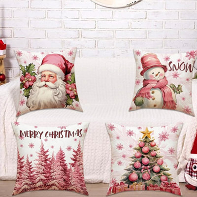 Amorly Set Of 4 18X18 Inch Merry Christmas Throw Pillow Covers, Santa Snowman Xmas Tree Motifs, Farmhouse Cushion Cases For Festive Decor - image 1